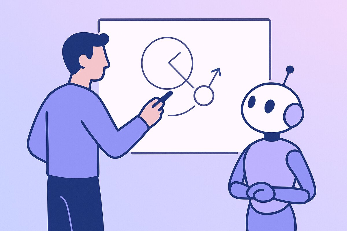 Person explaining concept to an AI student - Feynman Technique illustration